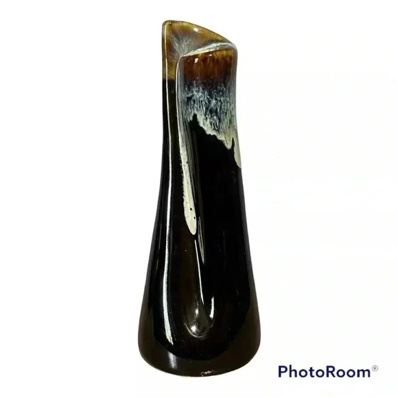 Mid-Century Modern Brown and White DRIP GLAZE 5.5" Bud Vase Unique Shape HTF! - Picture 1 of 4